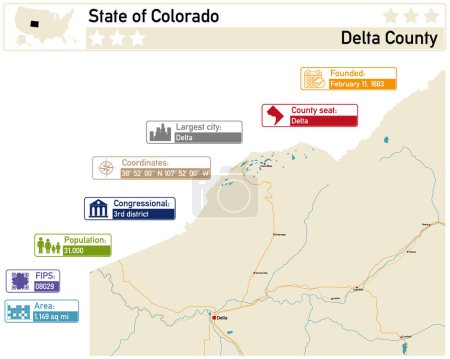 Illustration for Detailed infographic and map of Delta County in Colorado USA. - Royalty Free Image