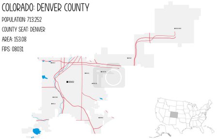 Illustration for Large and detailed map of Denver County in Colorado, USA. - Royalty Free Image