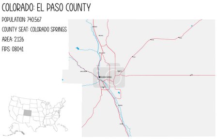 Illustration for Large and detailed map of El Paso County in Colorado, USA. - Royalty Free Image