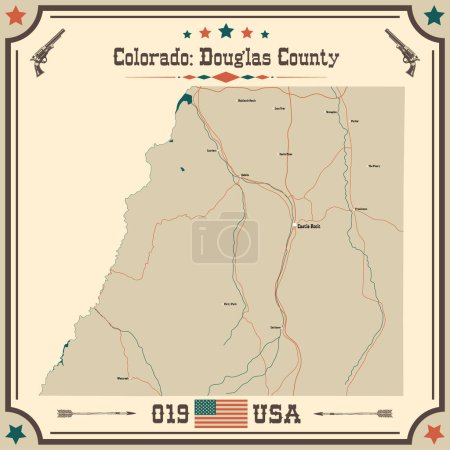 Grande et précise carte de Douglas County, Colorado, États-Unis d'Amérique avec des couleurs vintage.