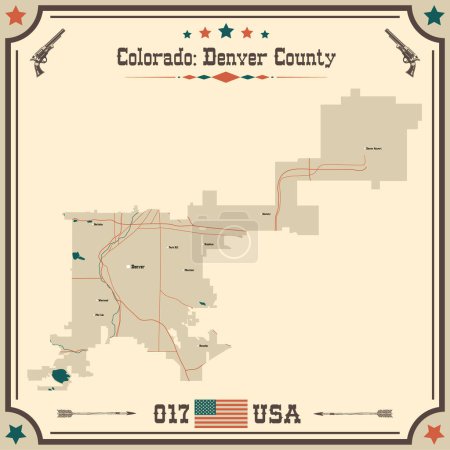 Illustration for Large and accurate map of Denver County, Colorado, USA with vintage colors. - Royalty Free Image