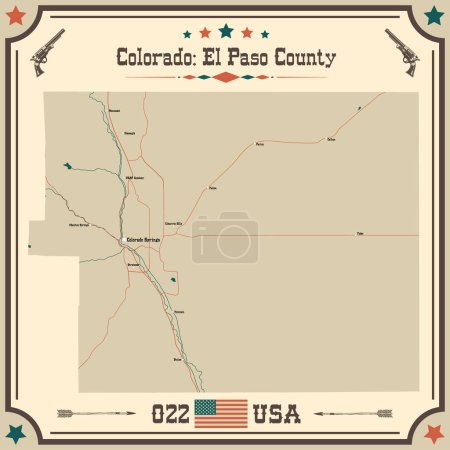 Grande et précise carte de El Paso County, Colorado, États-Unis d'Amérique avec des couleurs vintage.