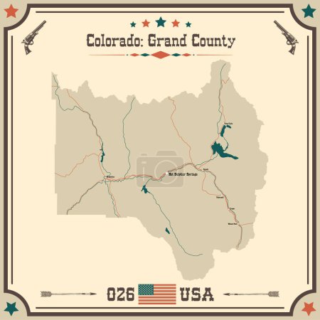 Illustration for Large and accurate map of Grand County, Colorado, USA with vintage colors. - Royalty Free Image