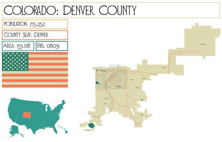 Illustration for Large and detailed map of Denver County in Colorado USA. - Royalty Free Image