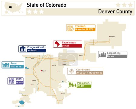 Illustration for Detailed infographic and map of Denver County in Colorado USA. - Royalty Free Image
