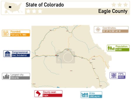 Detaillierte Infografik und Karte von Eagle County in Colorado USA.