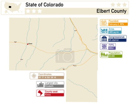 Detaillierte Infografik und Karte von Elbert County in Colorado USA.