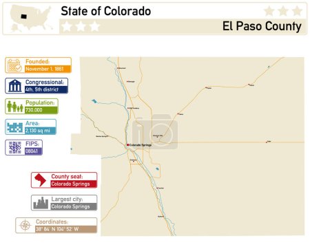 Detaillierte Infografik und Karte von El Paso County in Colorado USA.