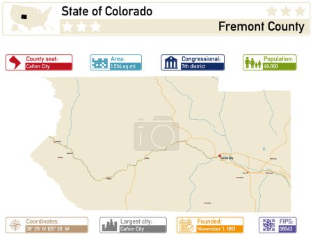Detailed infographic and map of Fremont County in Colorado USA.