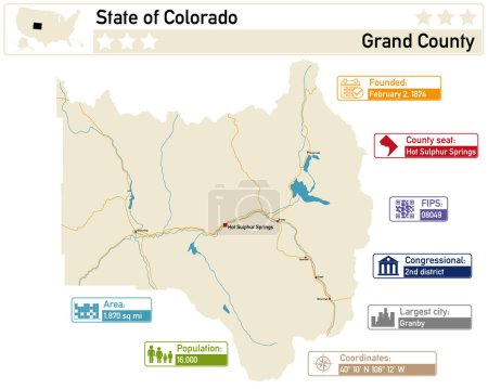 Illustration for Detailed infographic and map of Grand County in Colorado USA. - Royalty Free Image