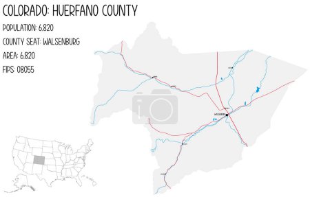 Illustration for Large and detailed map of Huerfano County in Colorado, USA. - Royalty Free Image