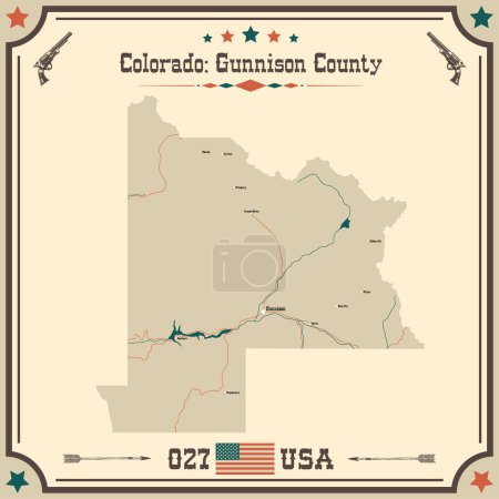 Grande et précise carte de Gunnison County, Colorado, États-Unis d'Amérique avec des couleurs vintage.