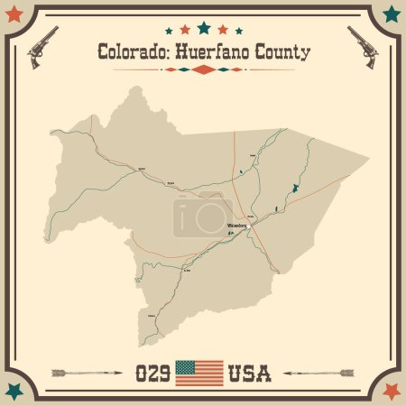 Illustration for Large and accurate map of Huerfano County, Colorado, USA with vintage colors. - Royalty Free Image