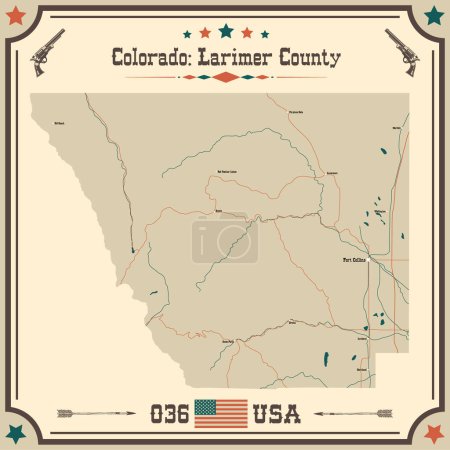 Illustration for Large and accurate map of Larimer County, Colorado, USA with vintage colors. - Royalty Free Image