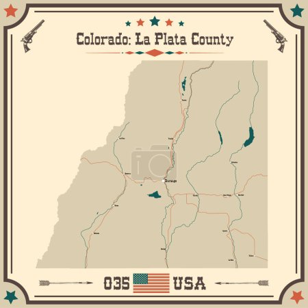 Mapa grande y preciso del Condado de LaPlata, Colorado, Estados Unidos con colores vintage.