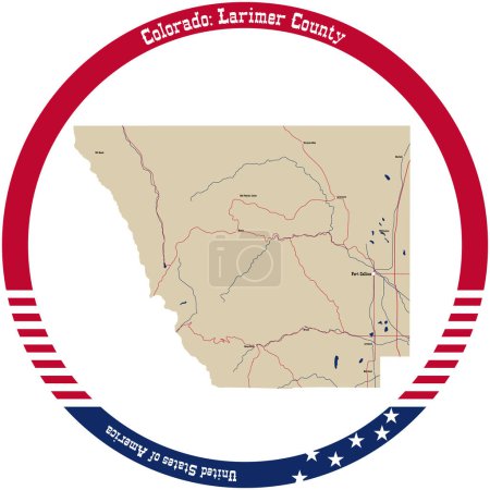 Illustration for Map of Larimer County in Colorado, USA arranged in a circle. - Royalty Free Image