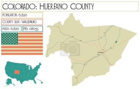 Illustration for Large and detailed map of Huerfano County in Colorado USA. - Royalty Free Image