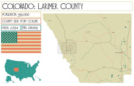 Grande carte détaillée de Larimer Comté dans le Colorado USA.