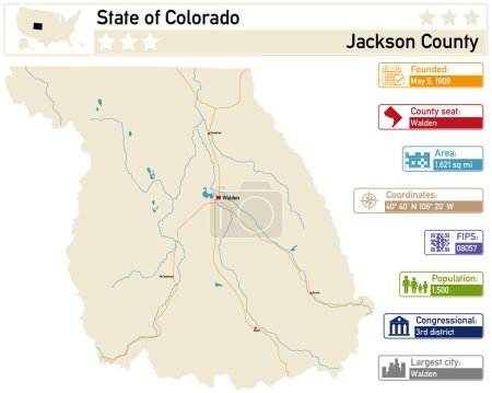 Detaillierte Infografik und Karte von Jackson County in Colorado USA.