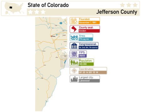 Detaillierte Infografik und Karte von Jefferson County in Colorado USA.