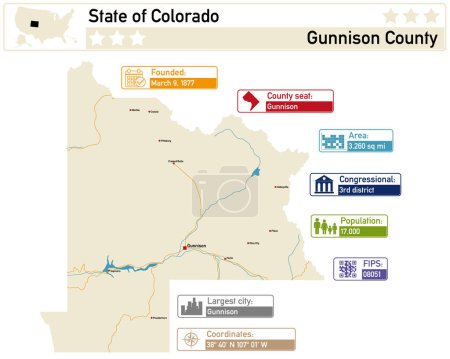 Infographie détaillée et carte du comté de Gunnison au Colorado USA.