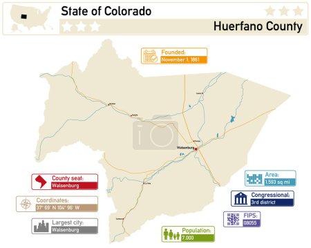 Detaillierte Infografik und Karte von Huerfano County in Colorado USA.