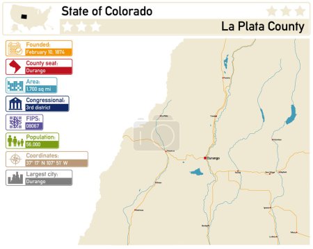 Infographie détaillée et carte du comté de La Plata au Colorado USA.
