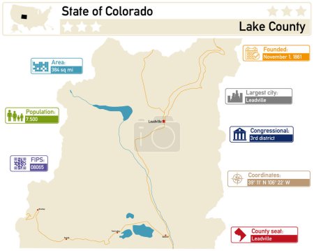 Detaillierte Infografik und Karte von Lake County in Colorado USA.