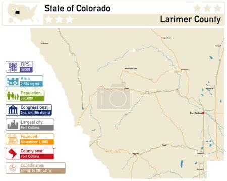 Illustration for Detailed infographic and map of Larimer County in Colorado USA. - Royalty Free Image