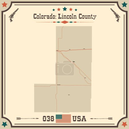 Illustration for Large and accurate map of Lincoln County, Colorado, USA with vintage colors. - Royalty Free Image