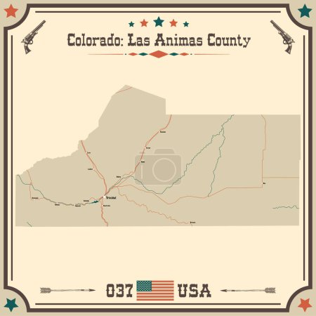 Illustration for Large and accurate map of Las Animas County, Colorado, USA with vintage colors. - Royalty Free Image