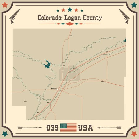 Mapa grande y preciso de Logan County, Colorado, USA con colores vintage.