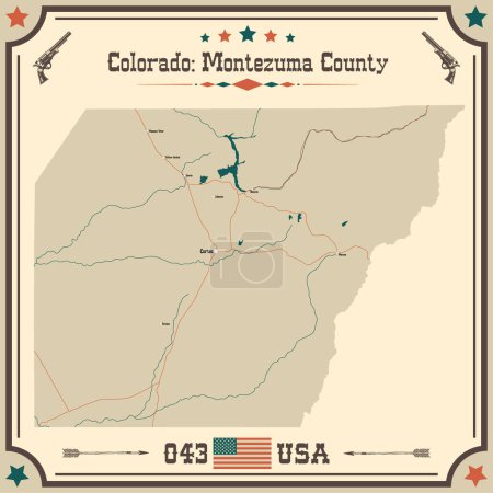 Mapa grande y preciso del Condado de Montezuma, Colorado, Estados Unidos con colores vintage.