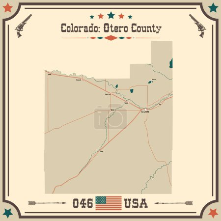 Mapa grande y preciso del Condado de Otero, Colorado, Estados Unidos con colores vintage.