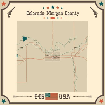 Mapa grande y preciso del Condado de Morgan, Colorado, Estados Unidos con colores vintage.