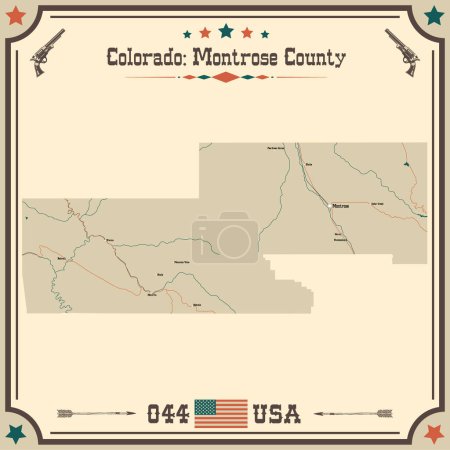 Téléchargez les illustrations : Grande et précise carte de Montrose Comté, Colorado, États-Unis d'Amérique avec des couleurs vintage. - en licence libre de droit