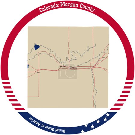 Illustration for Map of Morgan County in Colorado, USA arranged in a circle. - Royalty Free Image
