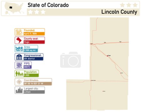 Detailed infographic and map of Lincoln County in Colorado USA.