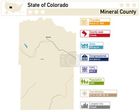 Detaillierte Infografik und Karte von Mineral County in Colorado USA.