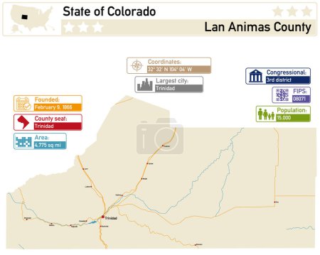 Illustration for Detailed infographic and map of Las Animas County in Colorado USA. - Royalty Free Image