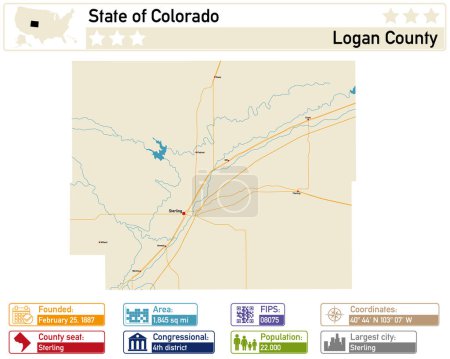 Illustration for Detailed infographic and map of Logan County in Colorado USA. - Royalty Free Image