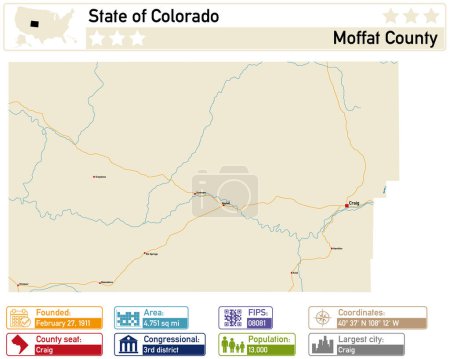 Illustration for Detailed infographic and map of Moffat County in Colorado USA. - Royalty Free Image