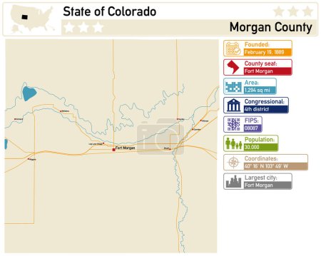 Detailed infographic and map of Morgan County in Colorado USA.