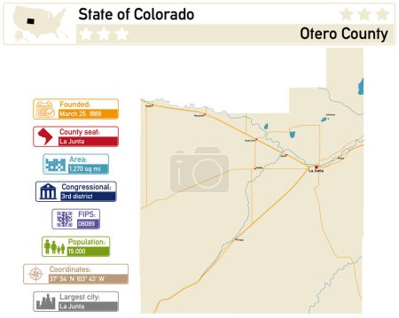 Illustration for Detailed infographic and map of Otero County in Colorado USA. - Royalty Free Image