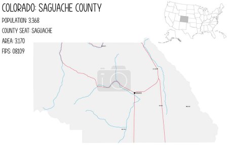 Illustration for Large and detailed map of Saguache County in Colorado, USA. - Royalty Free Image