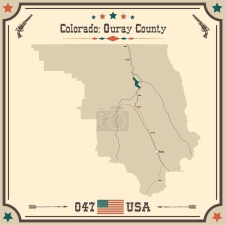 Illustration for Large and accurate map of Ouray County, Colorado, USA with vintage colors. - Royalty Free Image