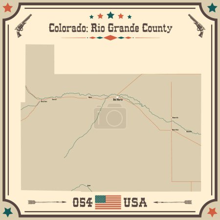 Mapa grande y preciso del Condado de Rio Grande, Colorado, Estados Unidos con colores vintage.