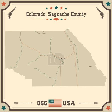 Illustration for Large and accurate map of Saguache County, Colorado, USA with vintage colors. - Royalty Free Image
