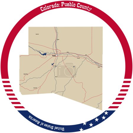 Illustration for Map of Pueblo County in Colorado, USA arranged in a circle. - Royalty Free Image