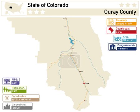 Illustration for Detailed infographic and map of Ouray County in Colorado USA. - Royalty Free Image